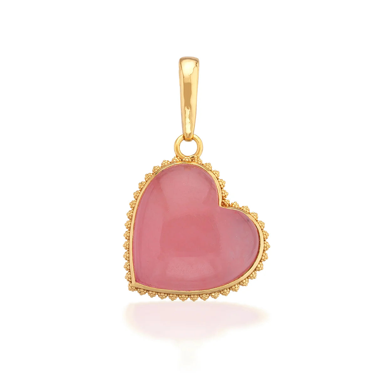 A heart-shaped pendant featuring a smooth, polished pink cabochon stone in a gold bezel setting on a clean white background.