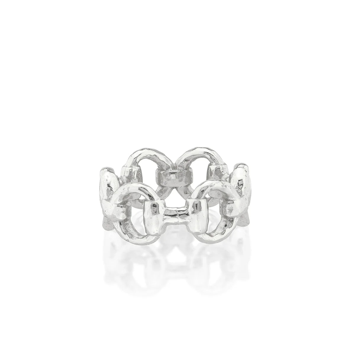 A silver ring with a textured, interlocking horsebit link design, shown on a clean white background with a soft reflection below.