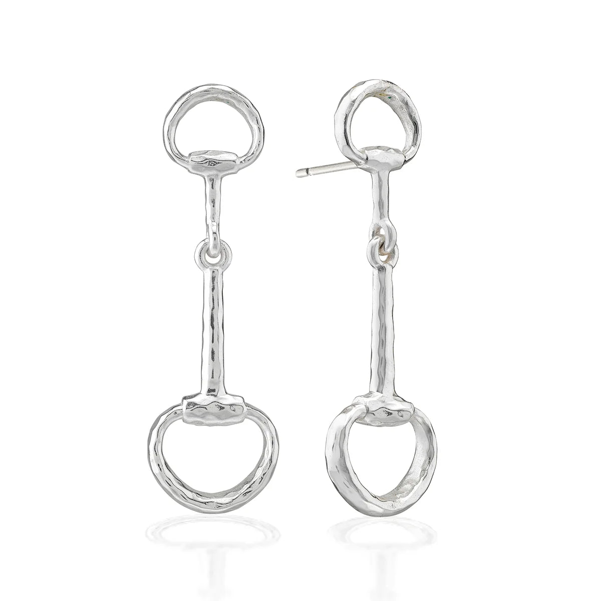 A pair of sterling silver horse bit drop earrings with a hammered finish, displayed on a clean white background with subtle reflections.