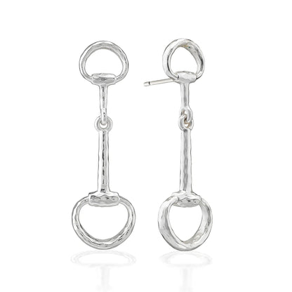 A pair of sterling silver horse bit drop earrings with a hammered finish, displayed on a clean white background with subtle reflections.