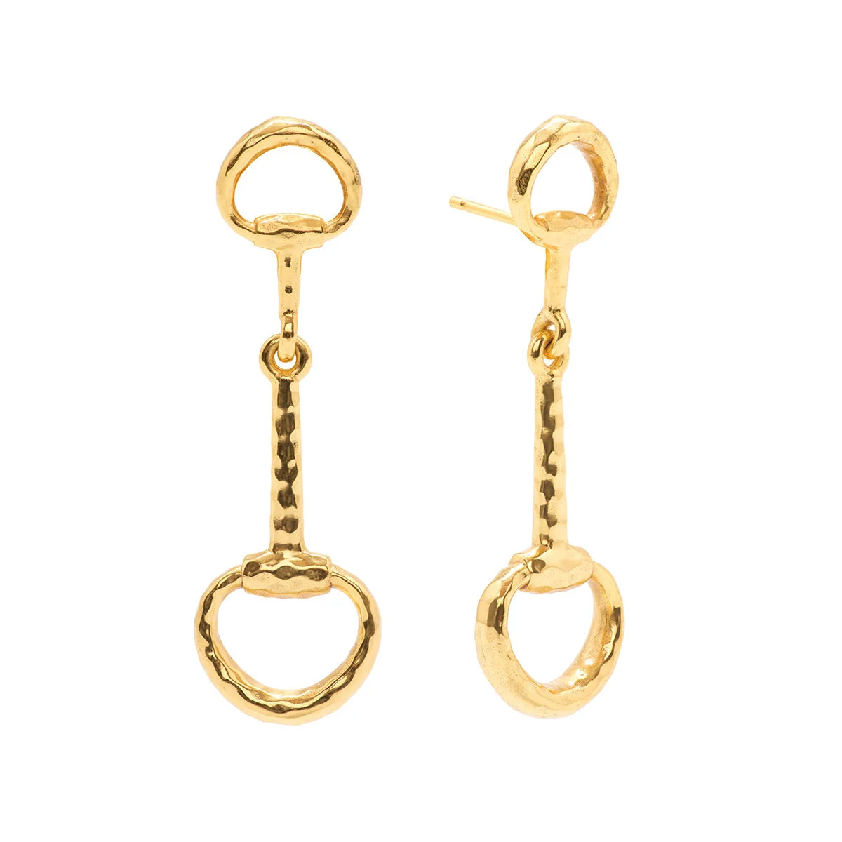 A pair of gold horse bit earrings on a plain white background.