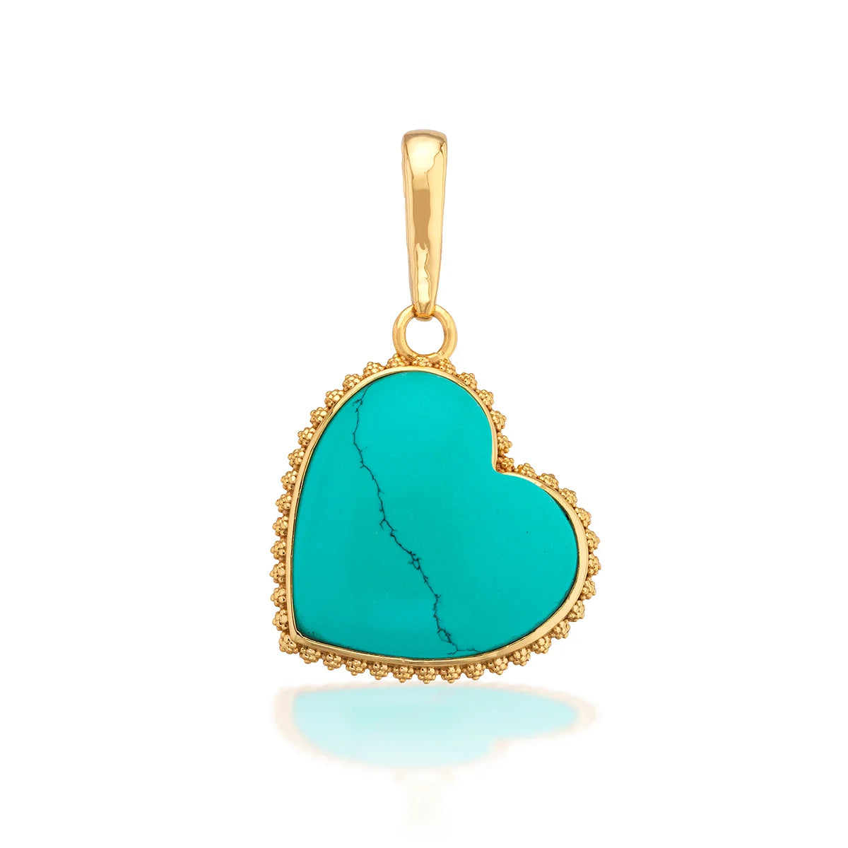 Turquoise heart-shaped pendant with gold frame on a white background