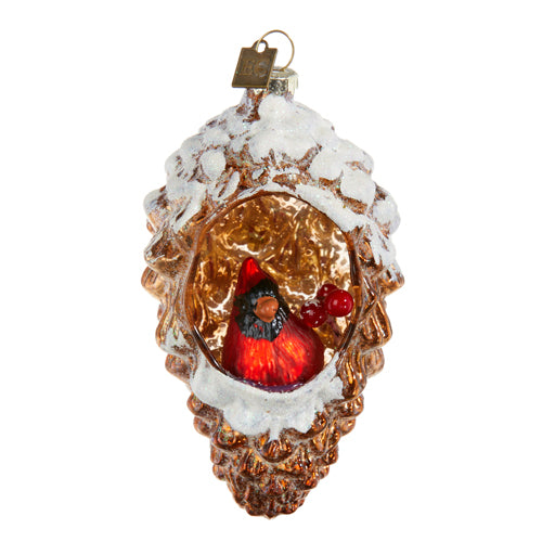 5" CARDINAL IN PINECONE ORNAMENT
