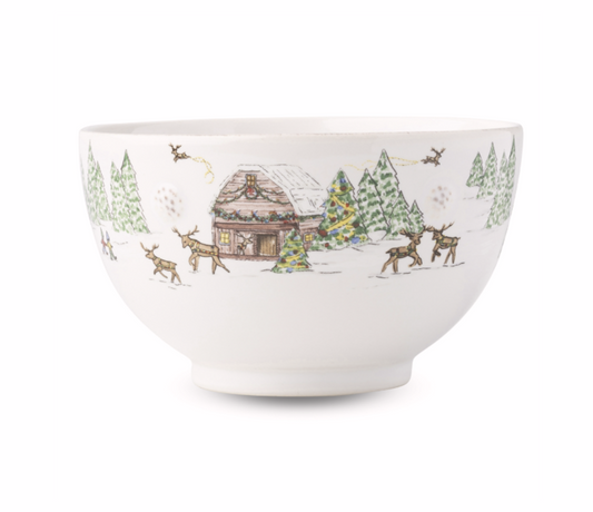 Festive bowl with winter scene design featuring trees, a cabin, and reindeer on a white background.