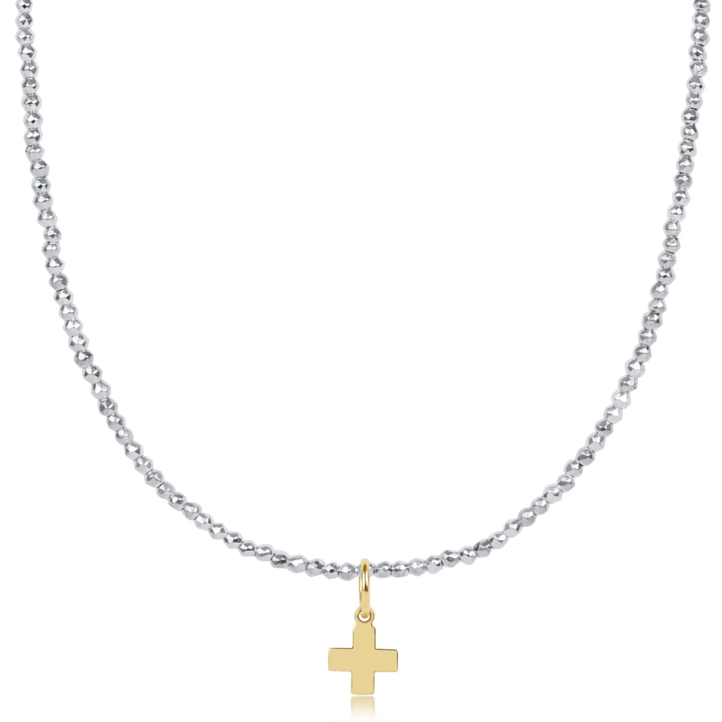enewton 17" Choker Bright Silver Faceted Hematite 2mm Bead Signature Cross Gold Charm
