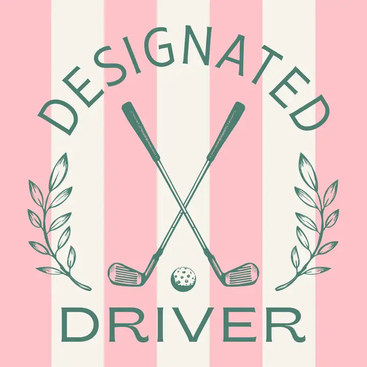 Designated driver graphic with crossed golf clubs and a ball on a pink and white striped background.