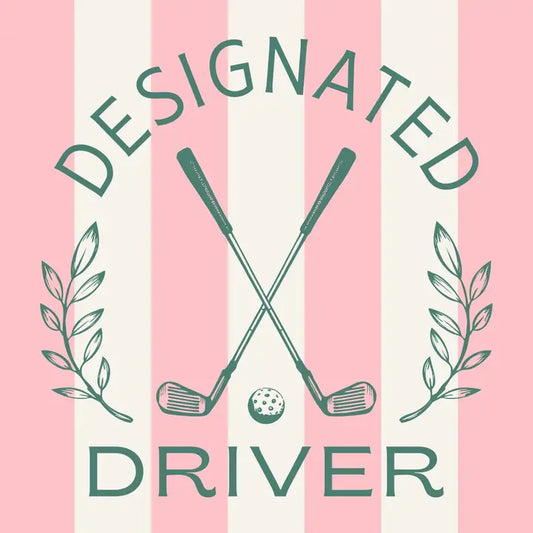 Designated driver graphic with crossed golf clubs and a ball on a pink and white striped background.