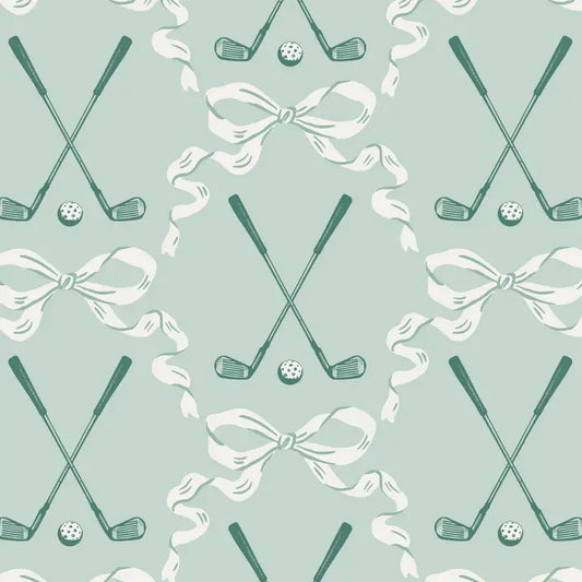 Pattern of golf clubs, golf balls, and ribbons on a light green background