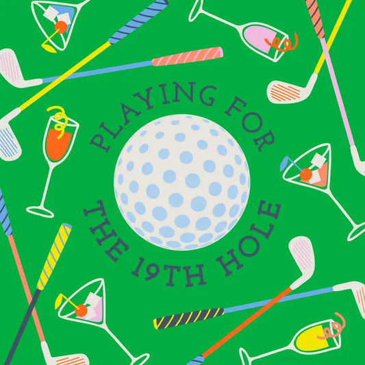 Pattern of golf clubs, golf ball, and cocktails on a green background with text 'Playing for the 19th Hole'.