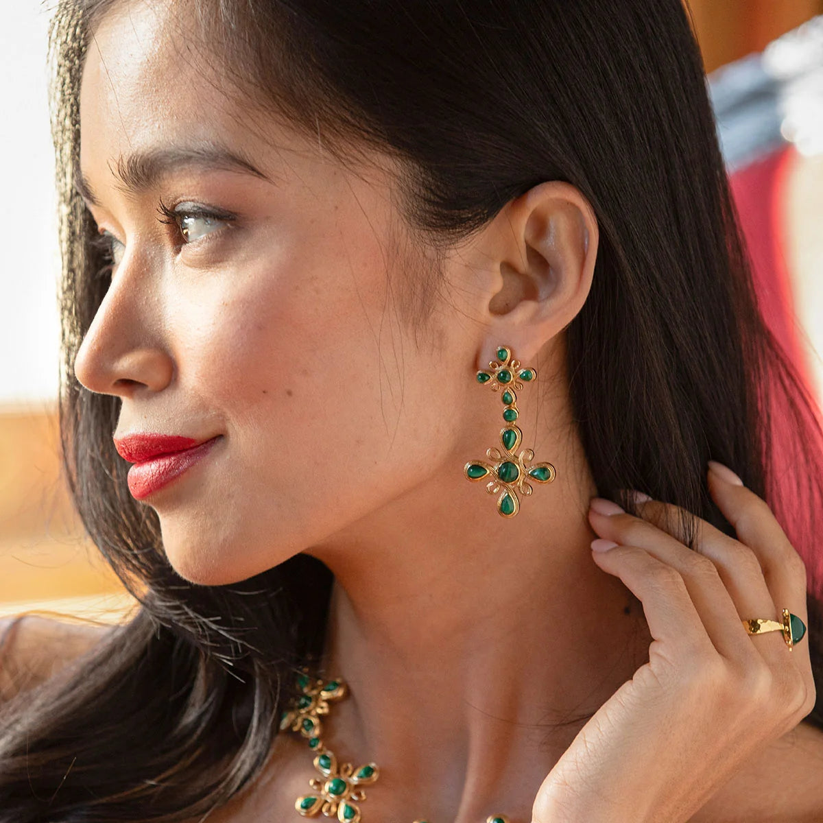 Monique Gem Convertible Double Drop Earrings in Malachite, Capucine de Wulf