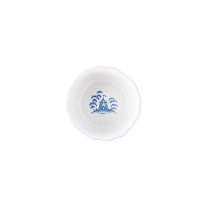 Arial view of the interior of a white ceramic bowl with blue decorative design 