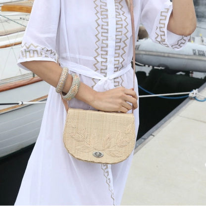 Embroidered Vines Straw Crossbody Bag