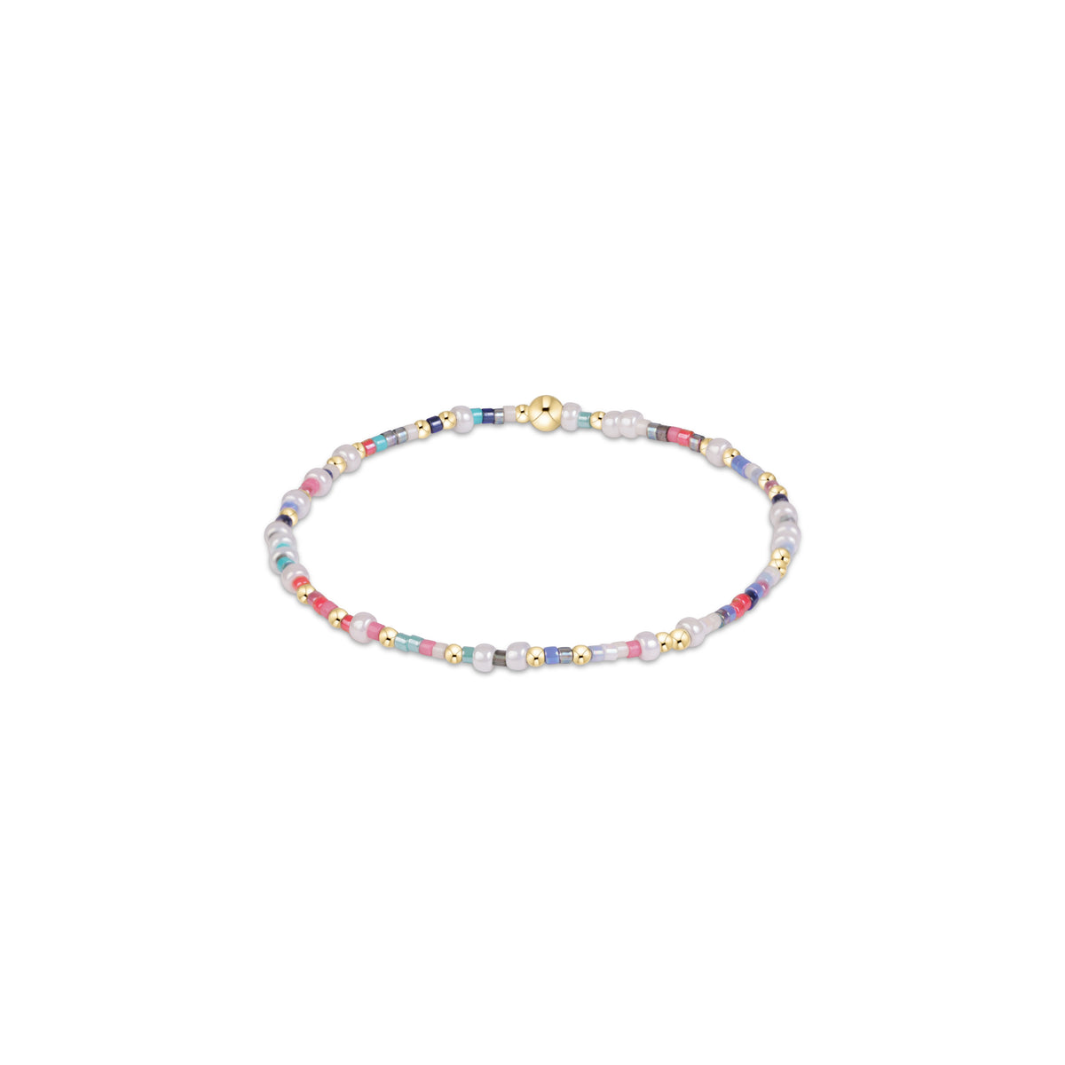 A delicate beaded bracelet with small pastel-colored beads, gold spacer beads, and a gold clasp.