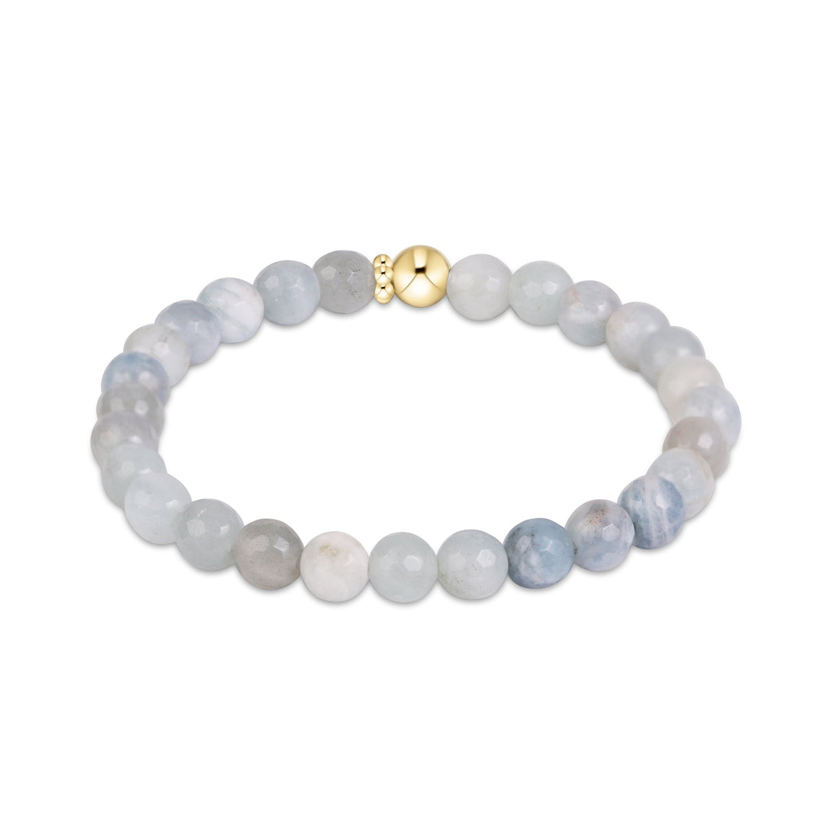 A beaded stretch bracelet made of faceted round beads in shades of light blue, gray, and white.