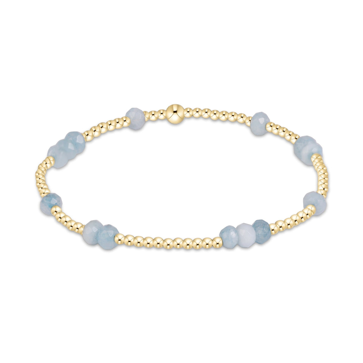 A delicate beaded bracelet featuring light blue faceted beads and polished gold-tone round beads.