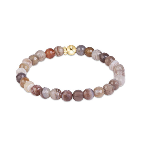 A beaded stretch bracelet made of polished round stone beads in earthy brown tones.