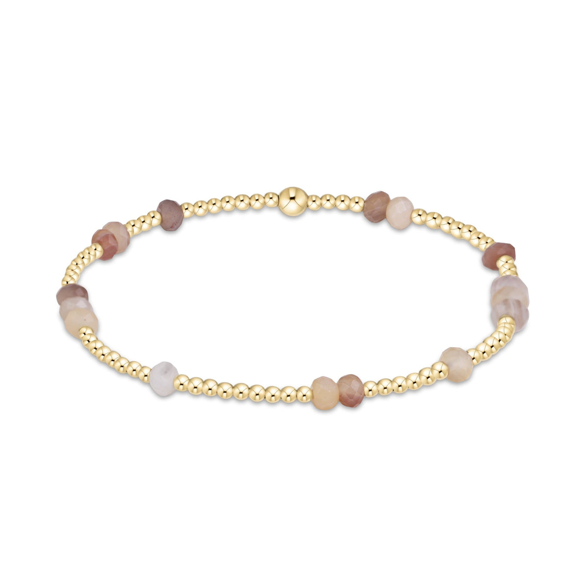 A delicate gold beaded bracelet with alternating smooth round beads in soft taupe.