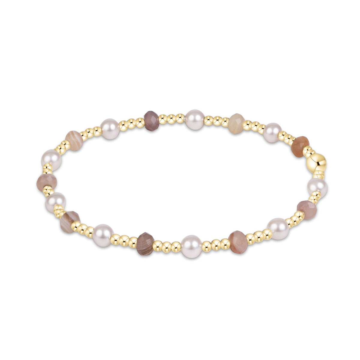 A delicate gold beaded bracelet featuring white freshwater pearls and light brown stone beads.