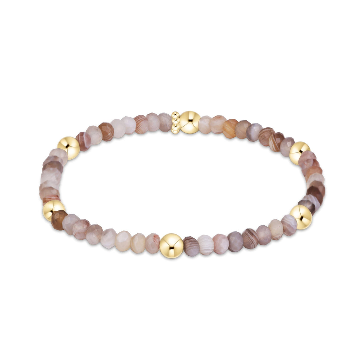 A beaded stretch bracelet featuring round natural stone beads in shades of brown accented by polished gold-tone metal beads.