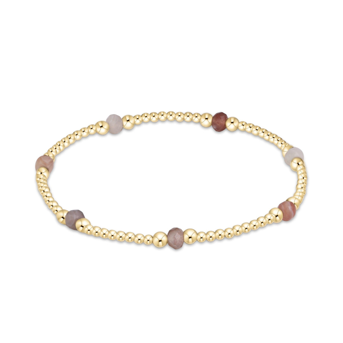 A delicate gold beaded stretch bracelet featuring alternating polished gold beads and smooth, round stone beads in muted brown tones.