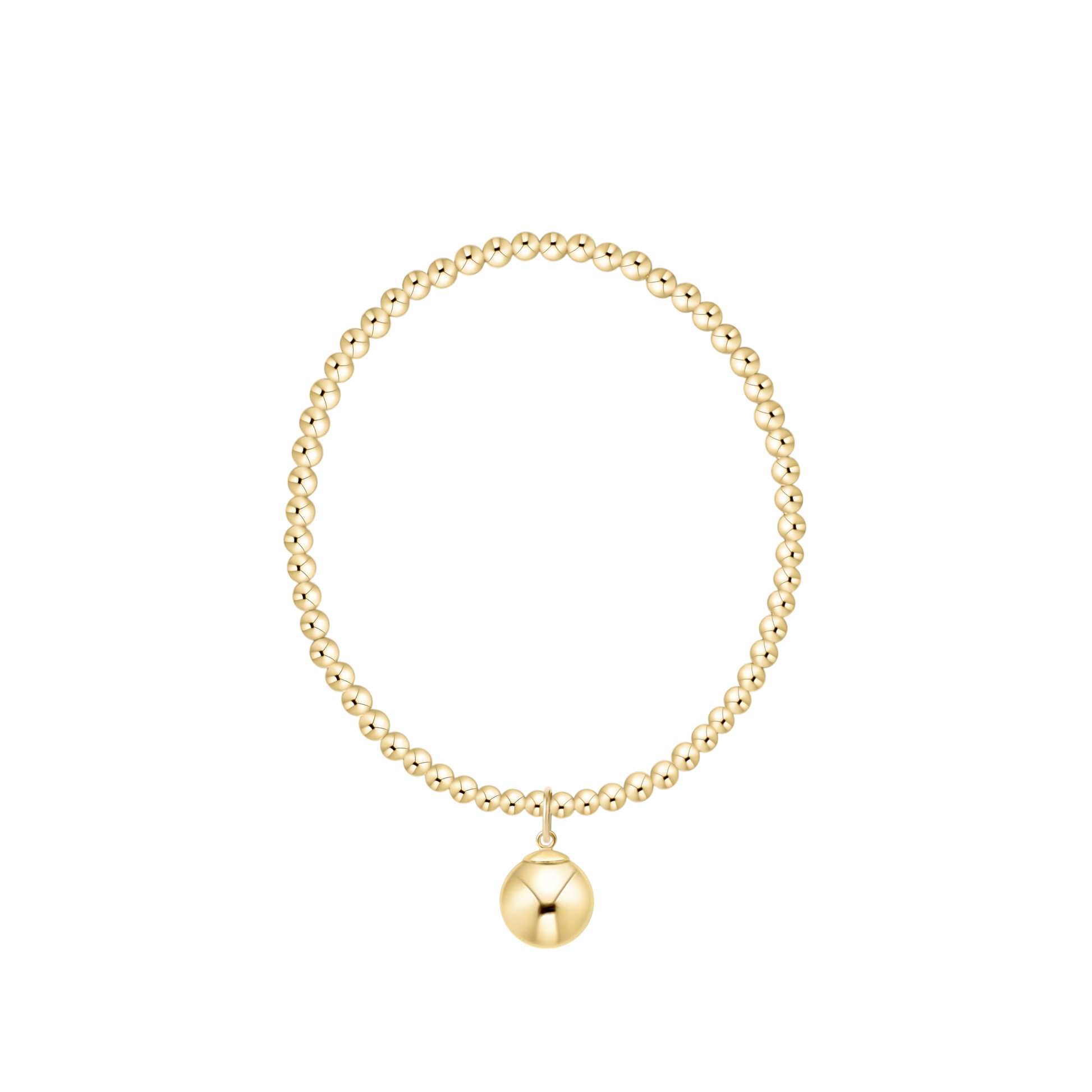 Gold beaded bracelet with a round charm on a white background