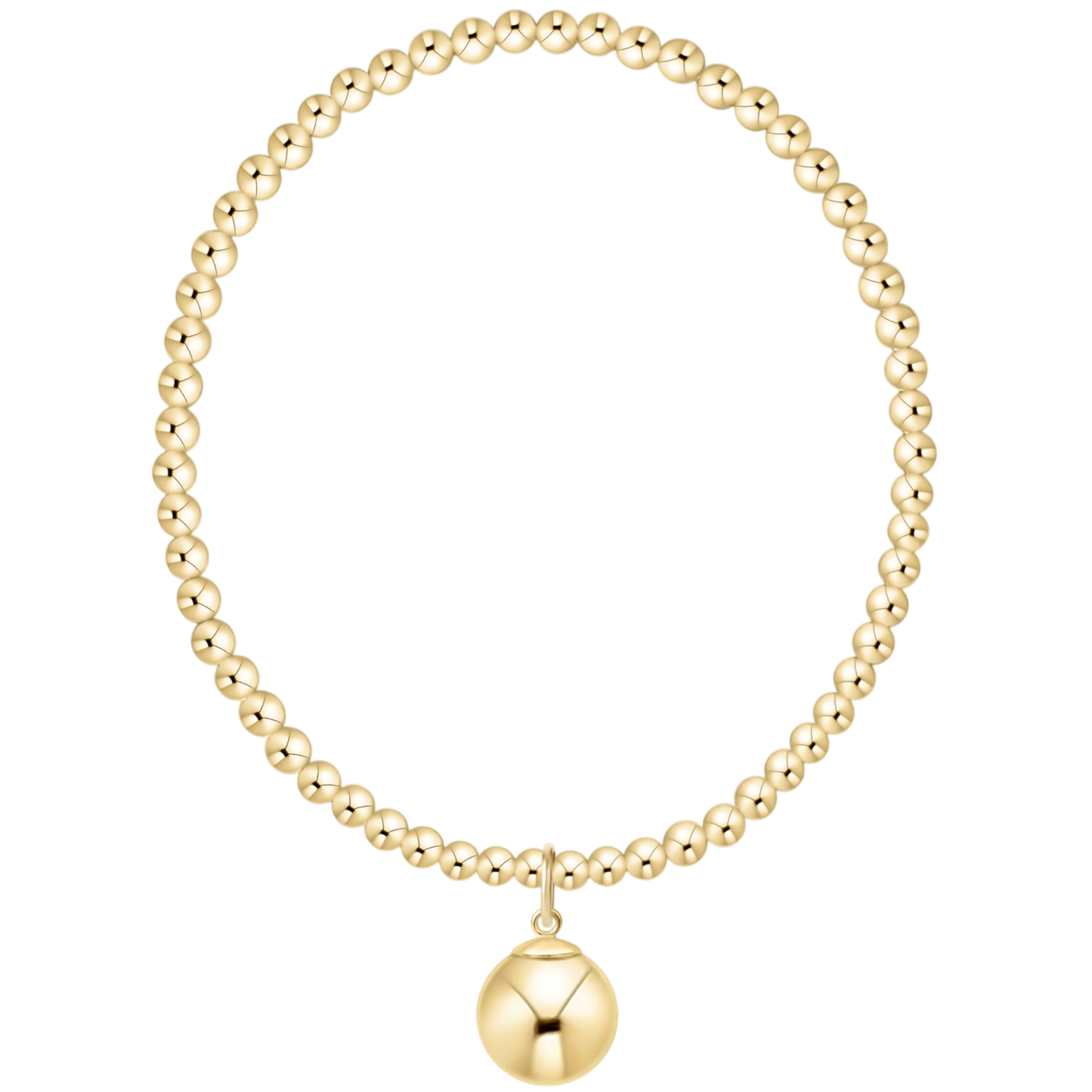 Gold beaded necklace with a round pendant on a white background