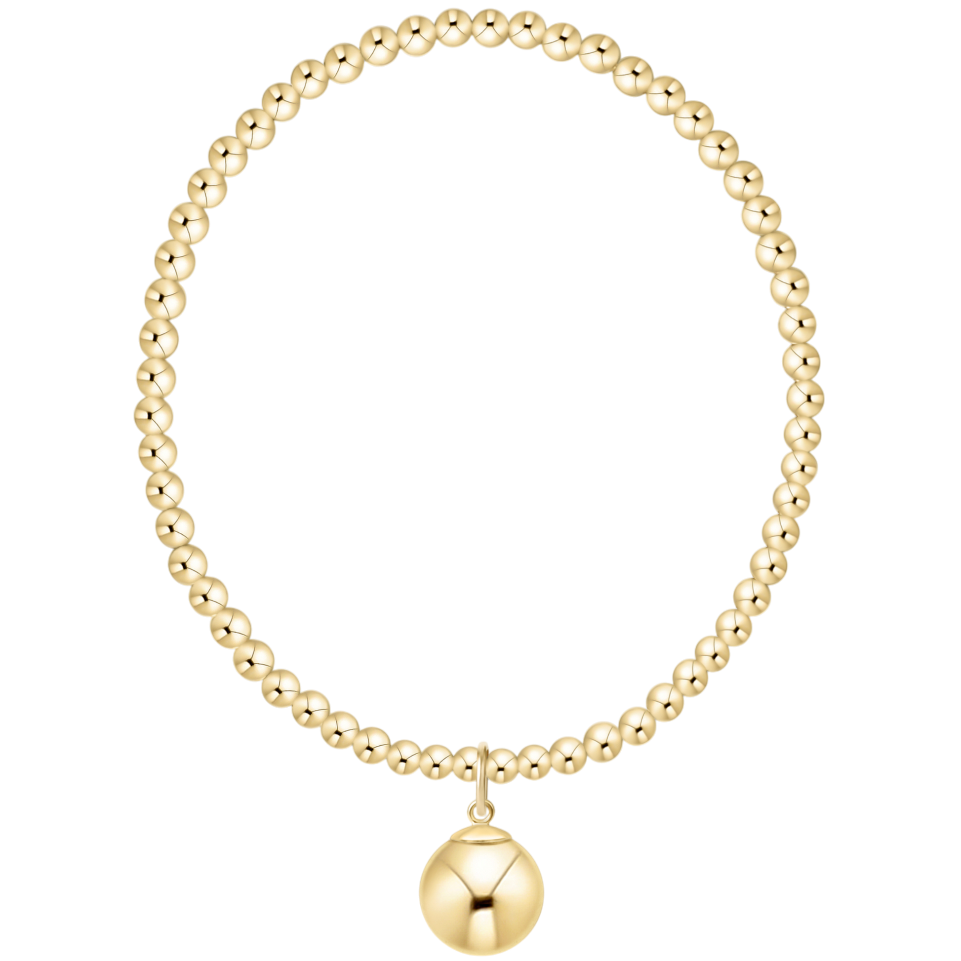Gold beaded necklace with a round pendant on a white background