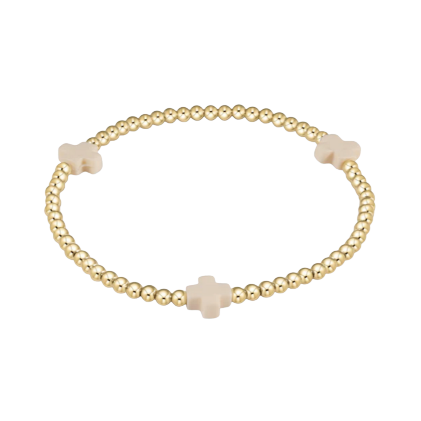 Gold bracelet with beige cross beads on a white background