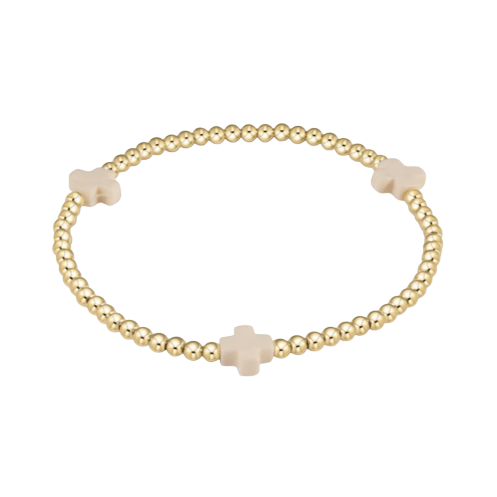 Gold bracelet with beige cross beads on a white background