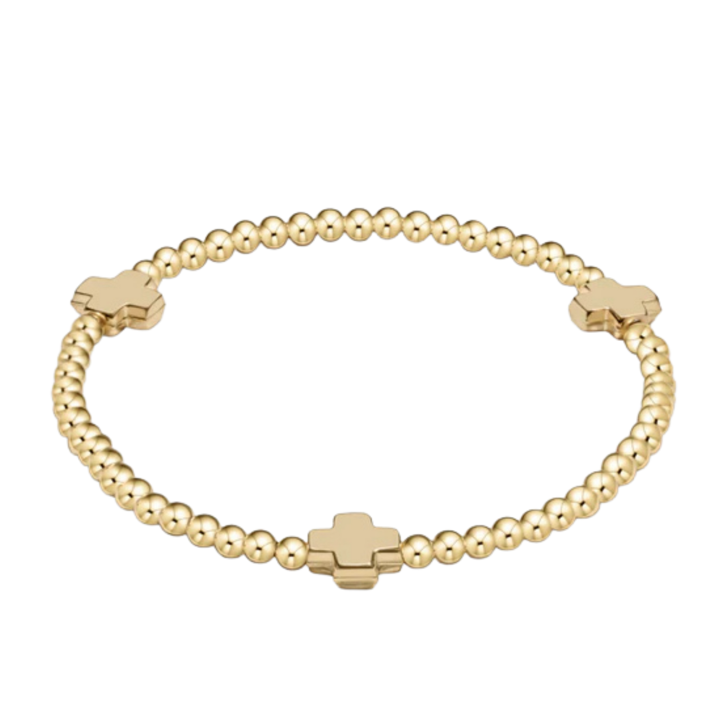 Gold beaded bracelet with cross-shaped beads on a white background