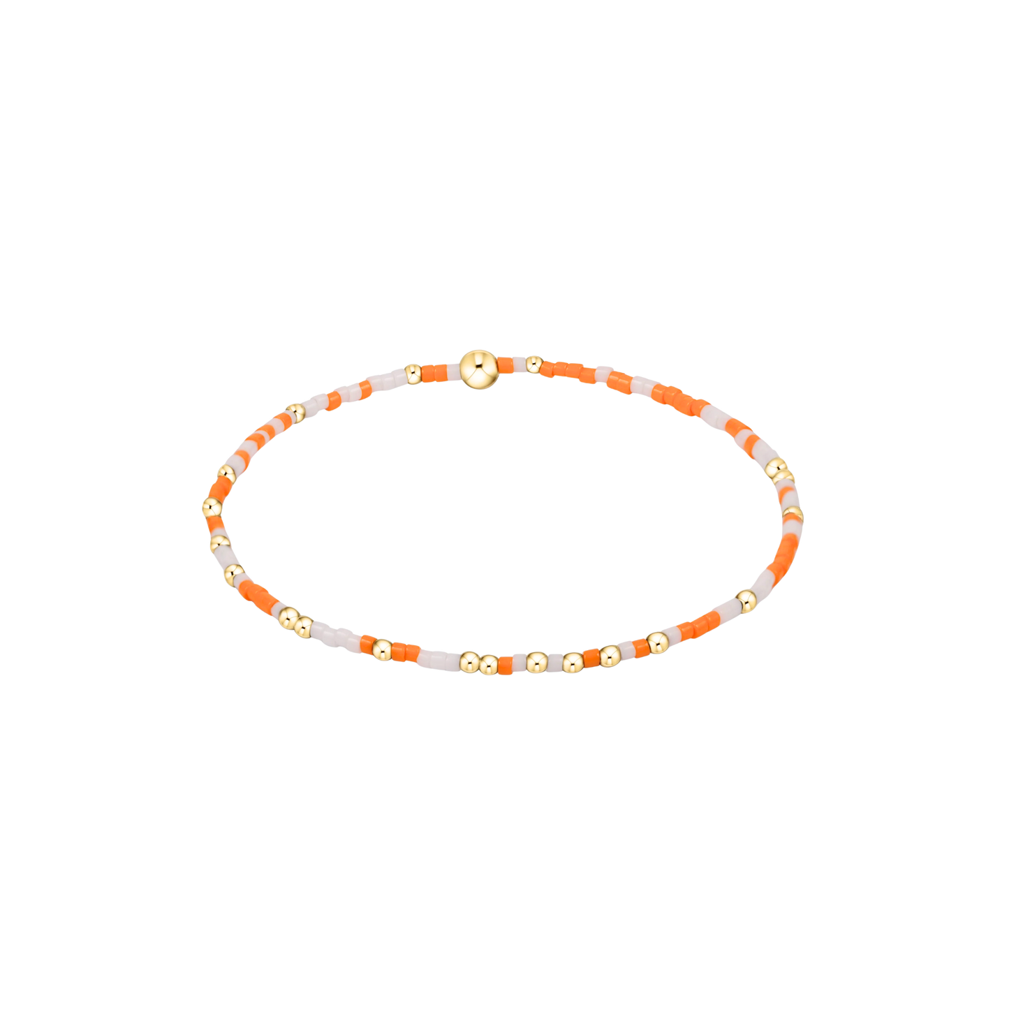 Bracelet with orange, white, and gold beads on a white background