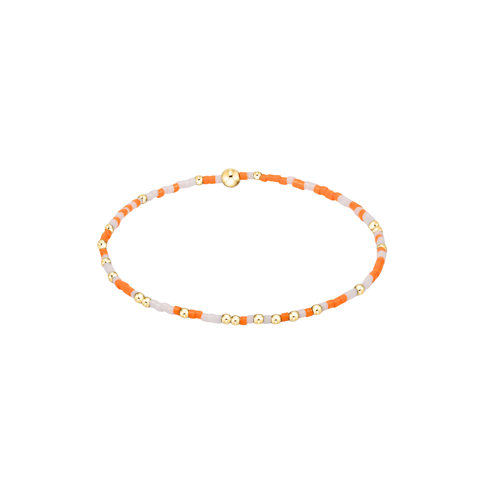 Bracelet with orange, white, and gold beads on a white background