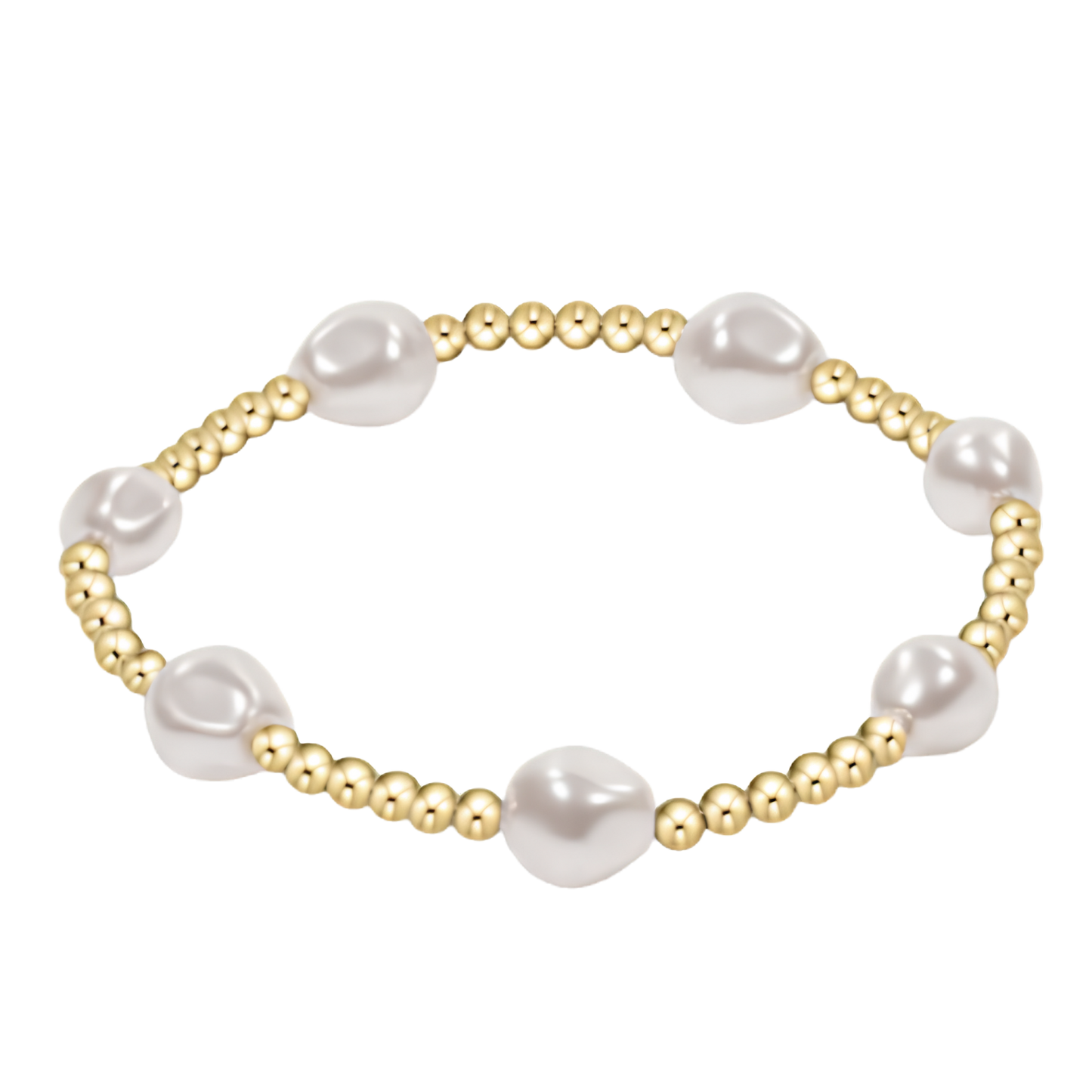 Pearl and gold beaded bracelet on a white background