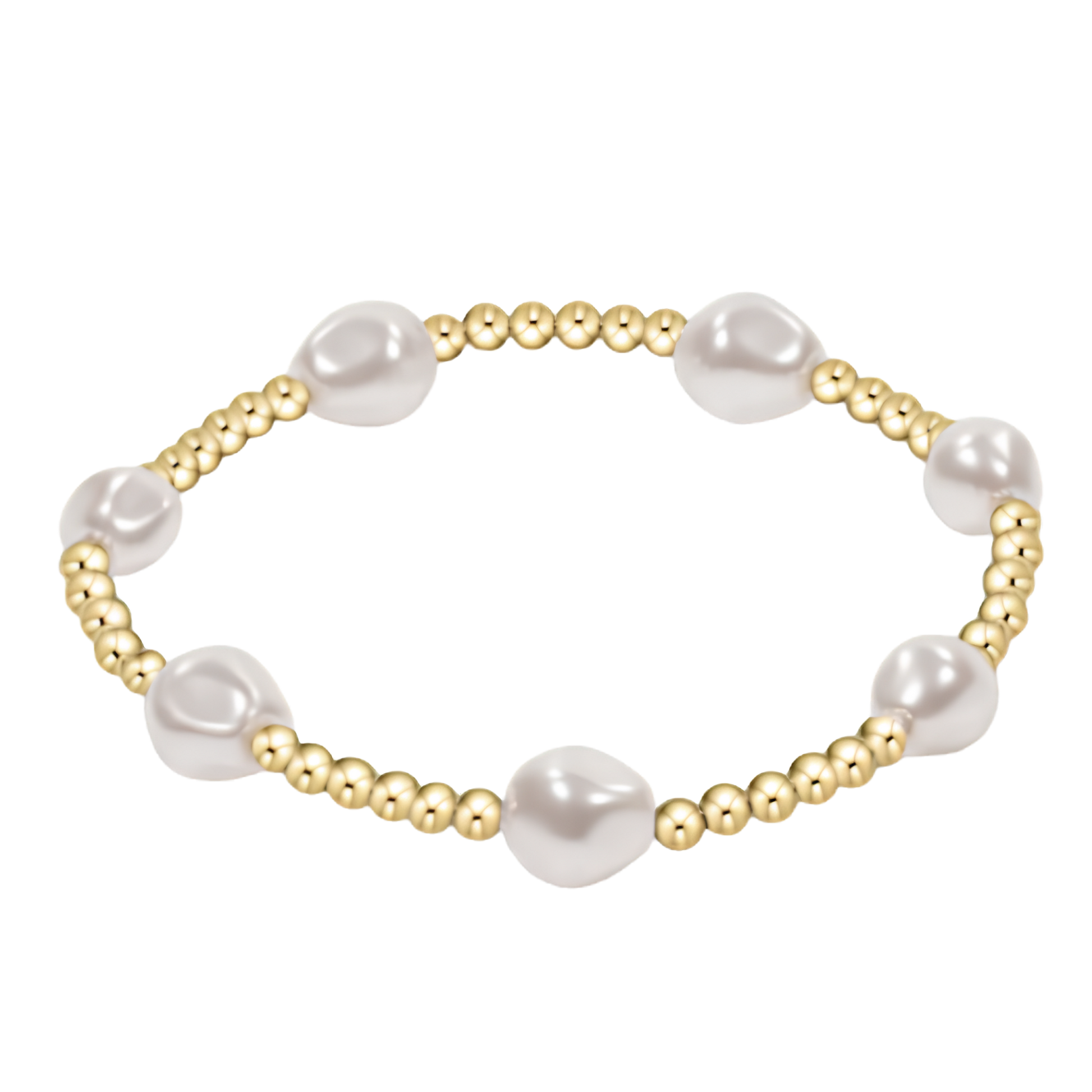 Pearl and gold beaded bracelet on a white background