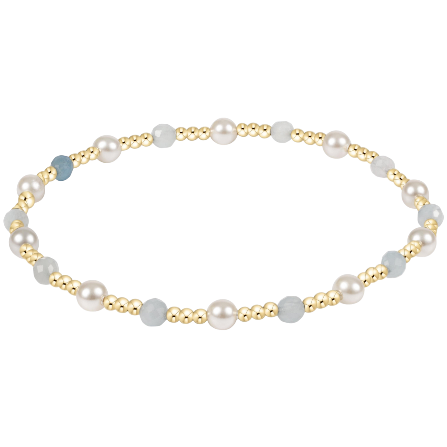Pearl and gold beaded bracelet on a white background