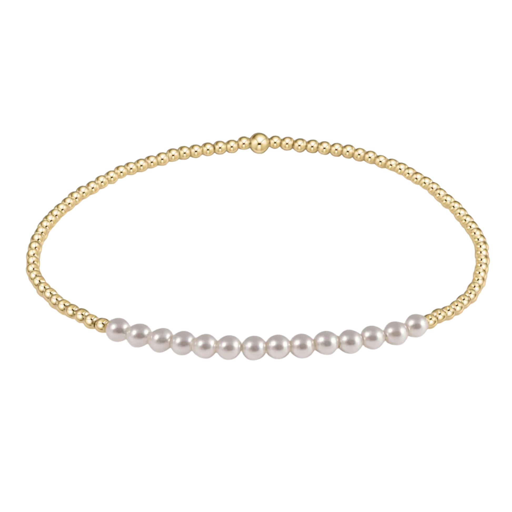 Gold necklace with white pearls on a white background