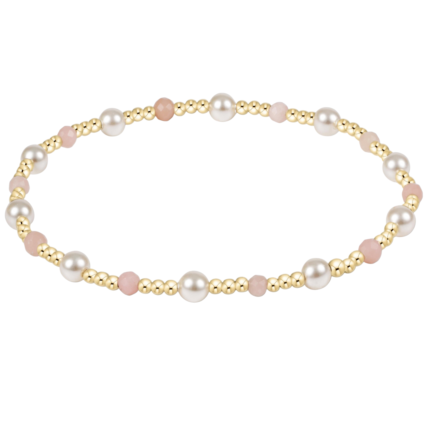 Pearl and gold and pink beaded bracelet on a white background