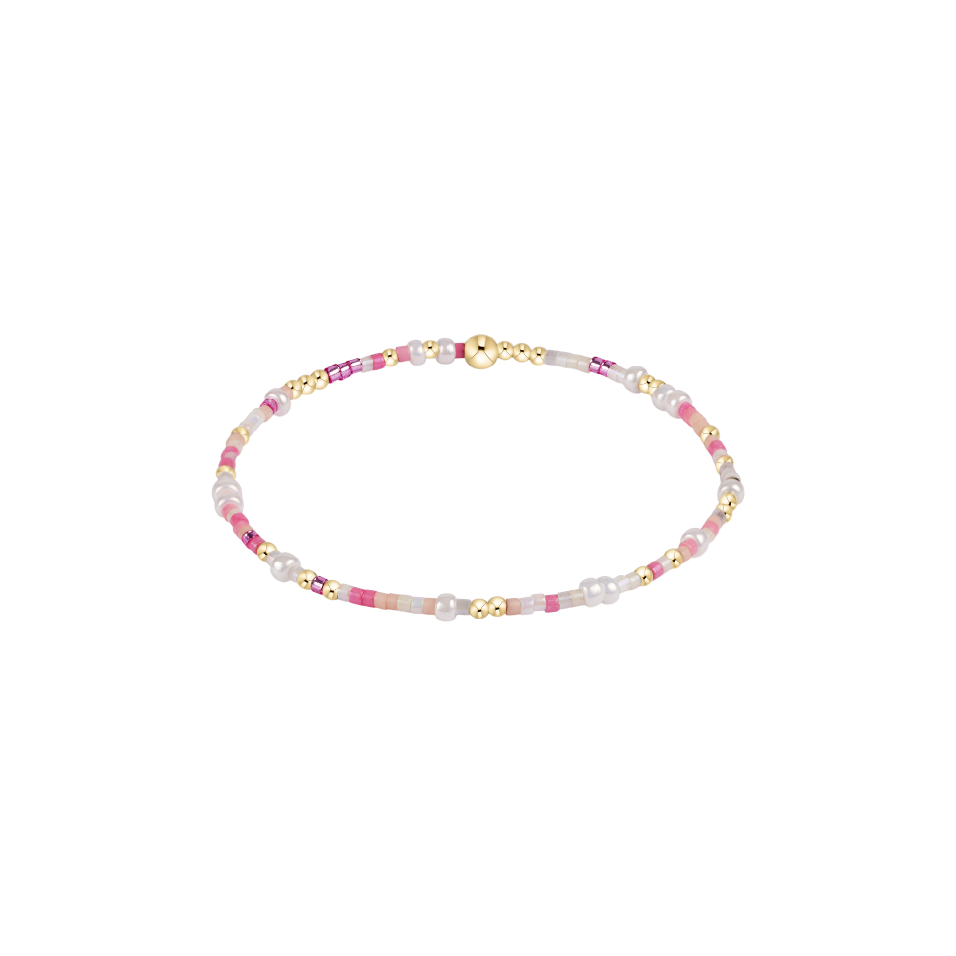 Beaded bracelet with pink, gold, and white beads on a white background