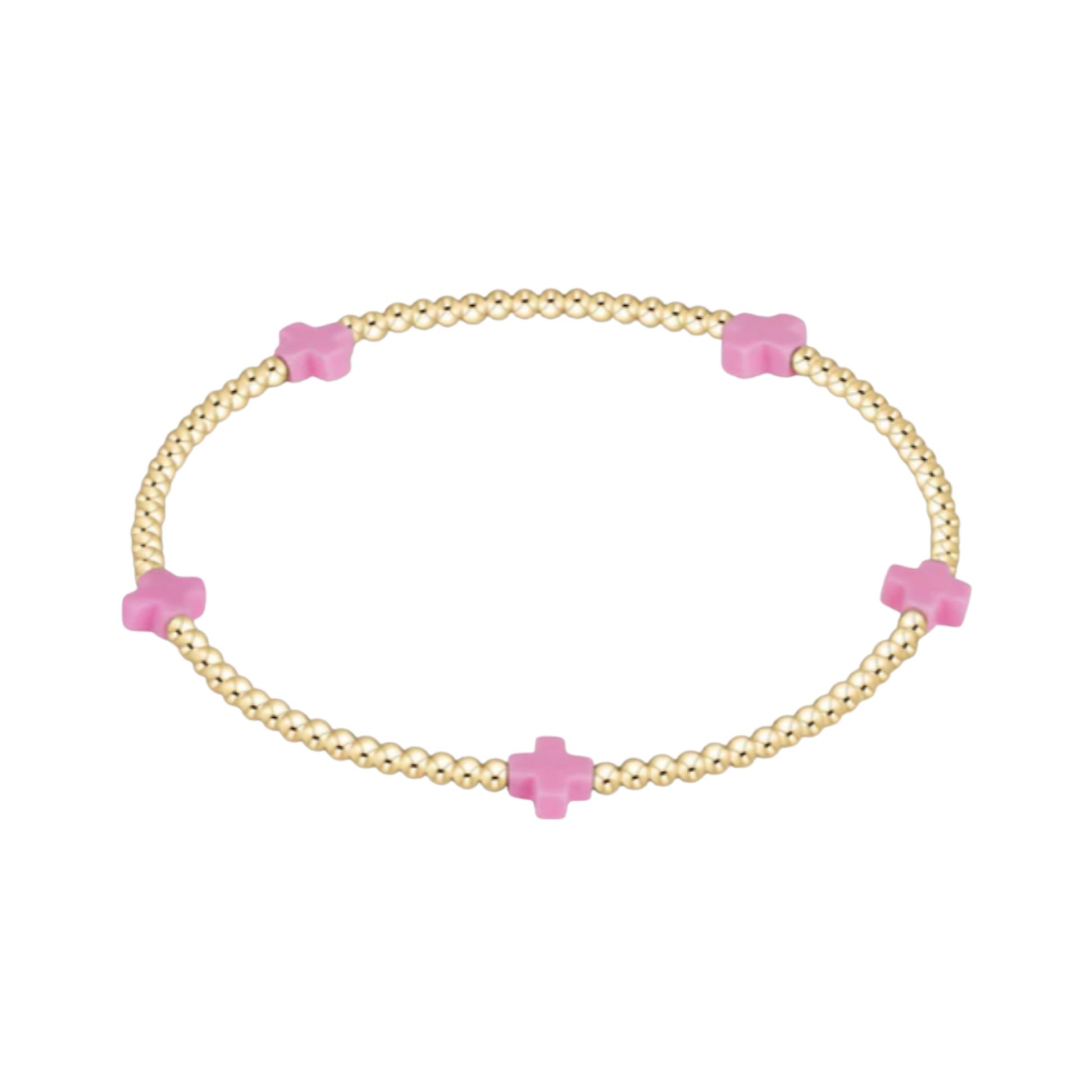 Gold bracelet with pink cross-shaped beads on a white background