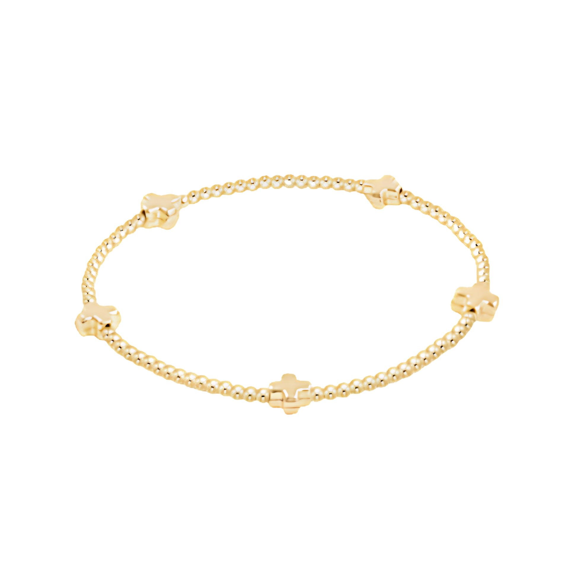 Gold bracelet with small cross beads on a white background