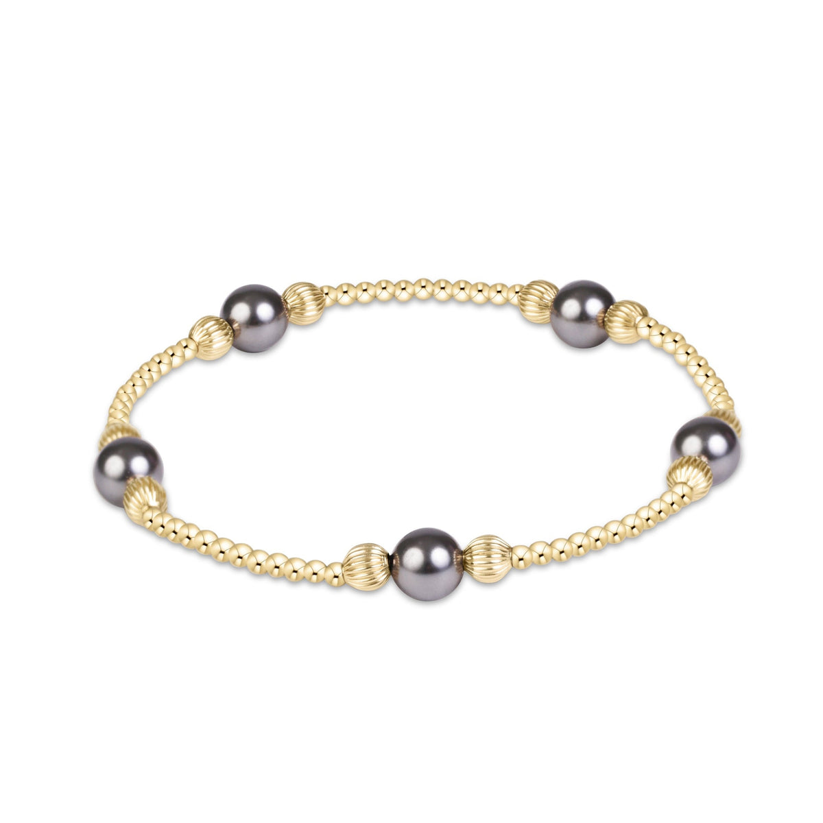 A gold beaded bracelet featuring five dark gray freshwater pearls and textured gold spacer beads, displayed on a clean white background.