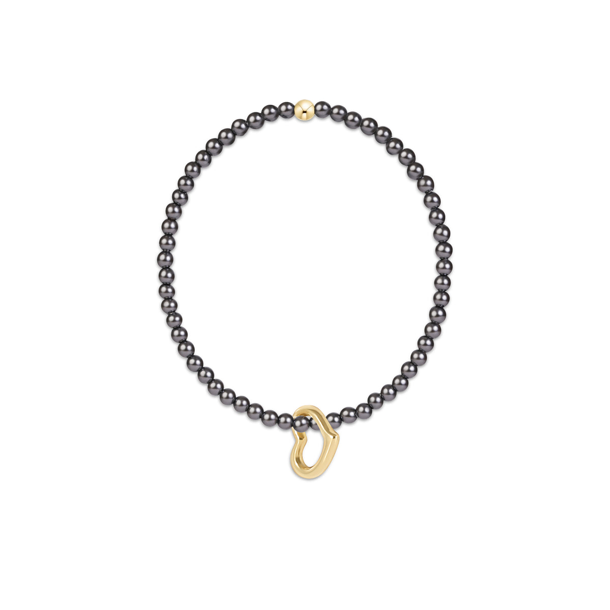 A delicate bracelet featuring a strand of small, dark gray pearls and a polished gold-tone heart-ring clasp.