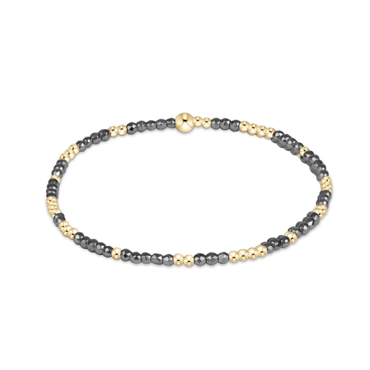 A beaded stretch bracelet featuring sections of dark gray beads and small gold beads