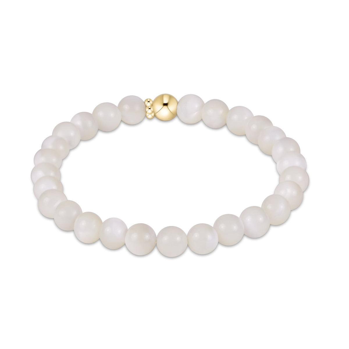 A beaded stretch bracelet made of smooth, round white pearls with a polished gold accent bead at the top.
