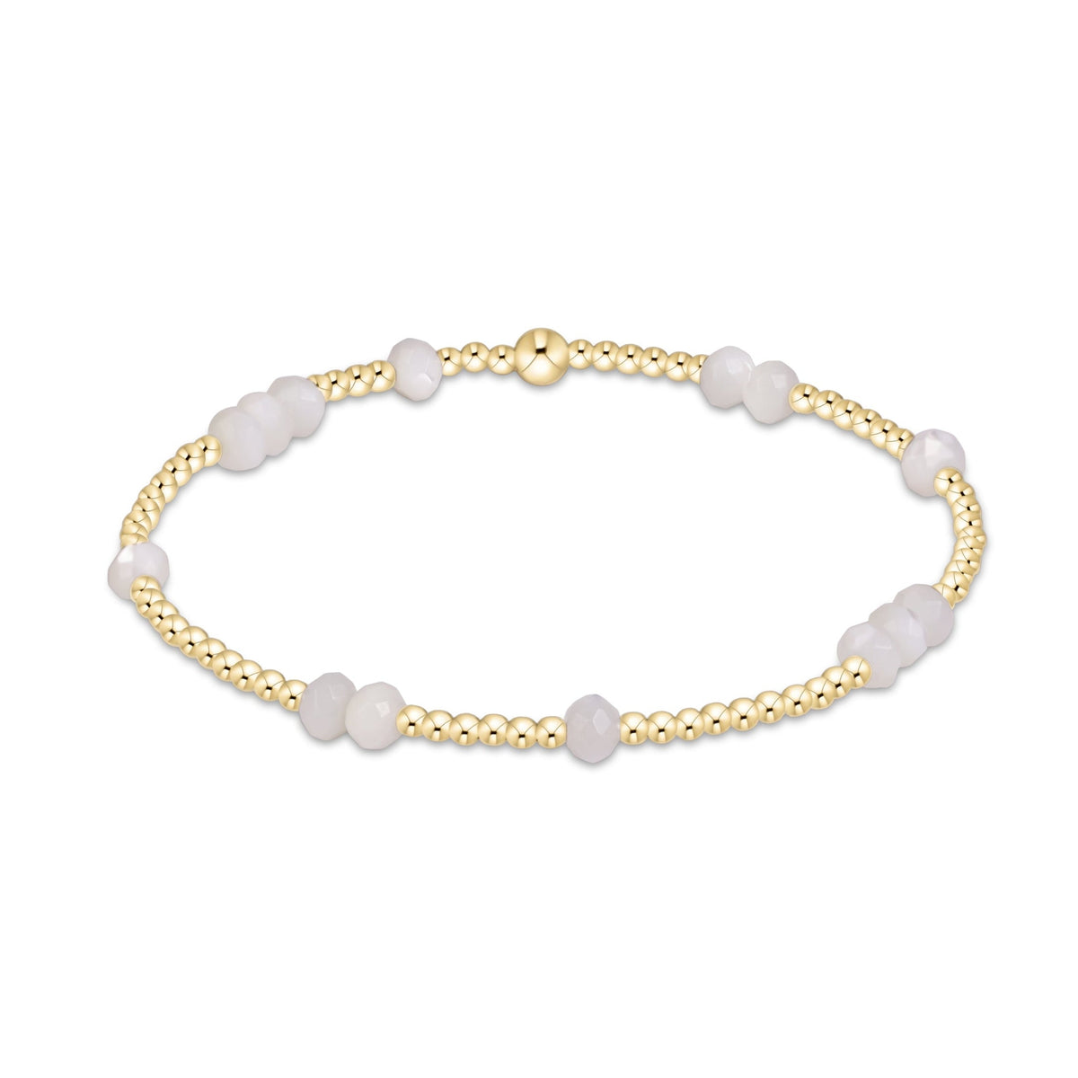 A delicate gold beaded bracelet with  smooth white beads.