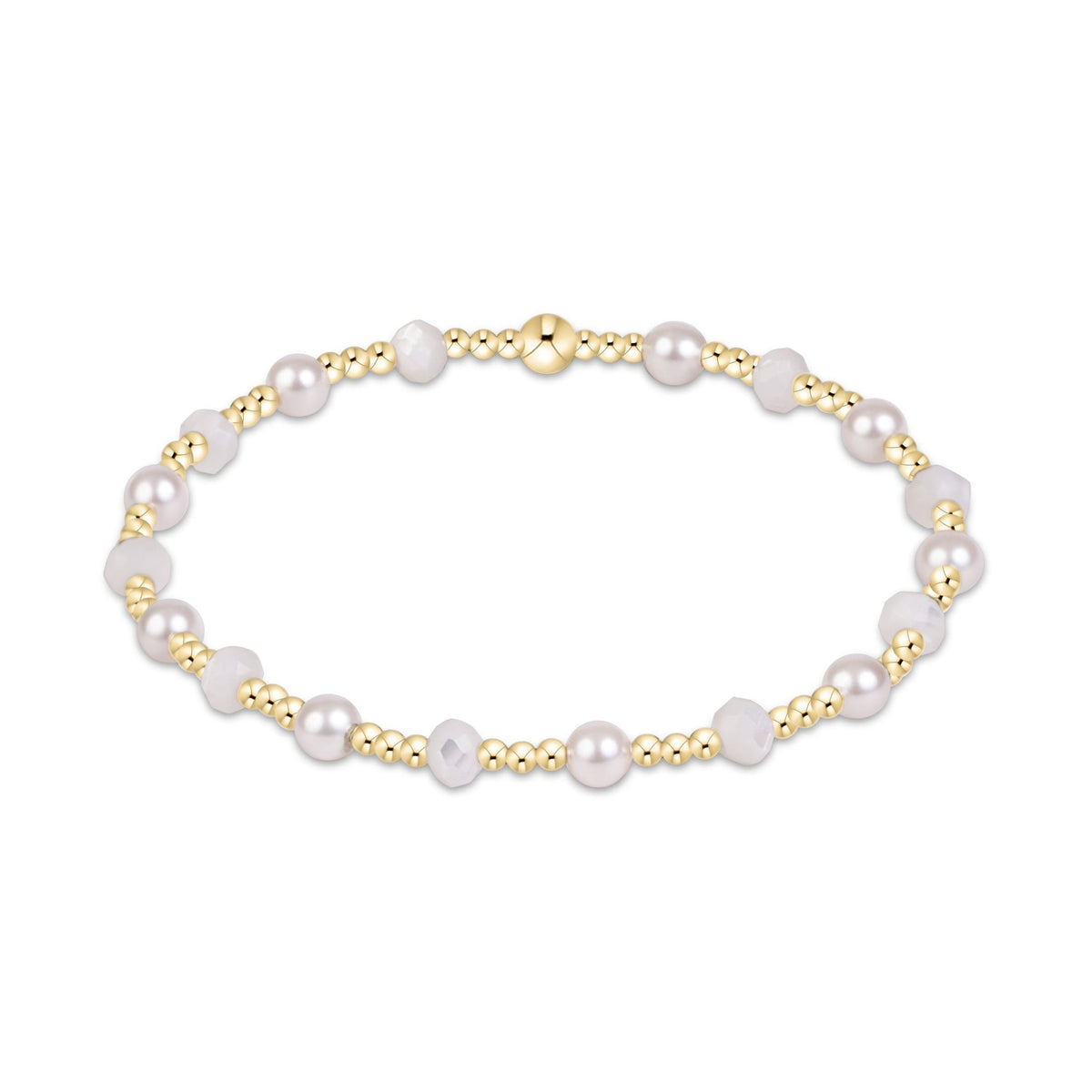 A delicate beaded bracelet featuring white freshwater pearls, faceted white crystal beads, and polished gold-tone spacer beads.