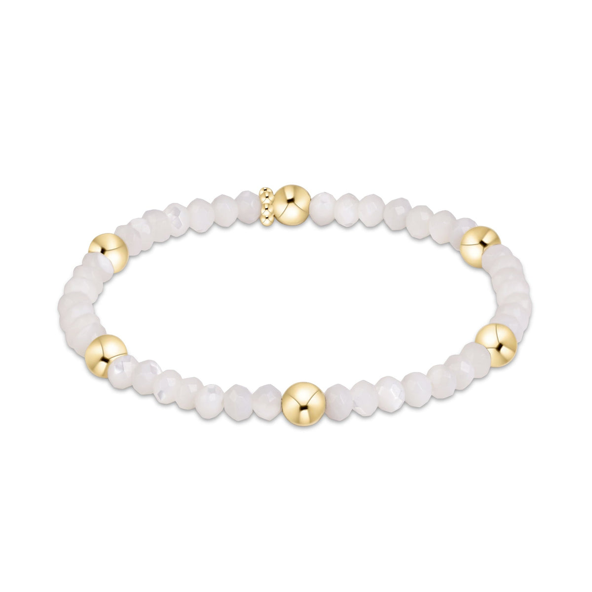 A beaded stretch bracelet featuring round, milky white stone beads interspersed with polished gold-toned metal beads.