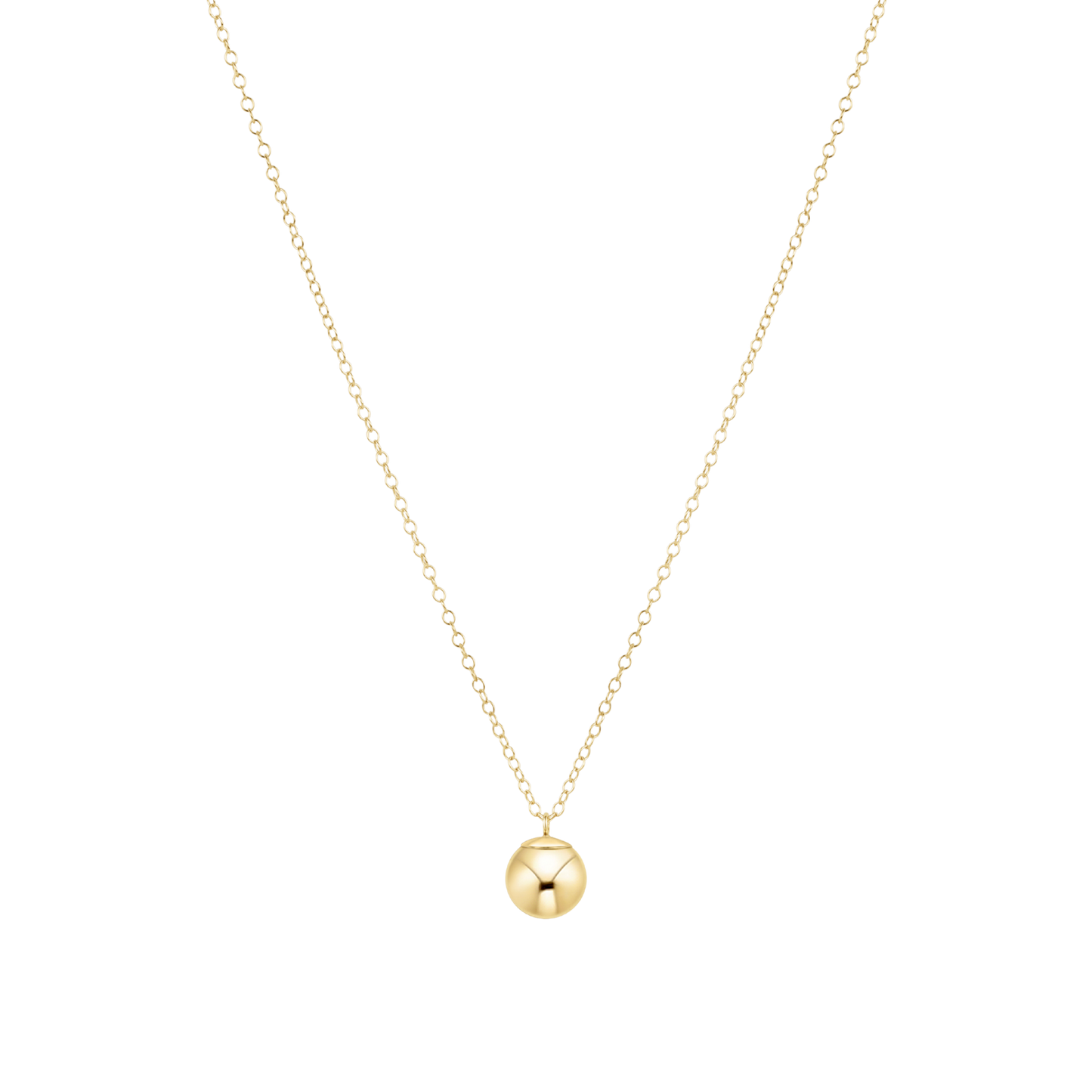Gold necklace with a round bead pendant on a white background