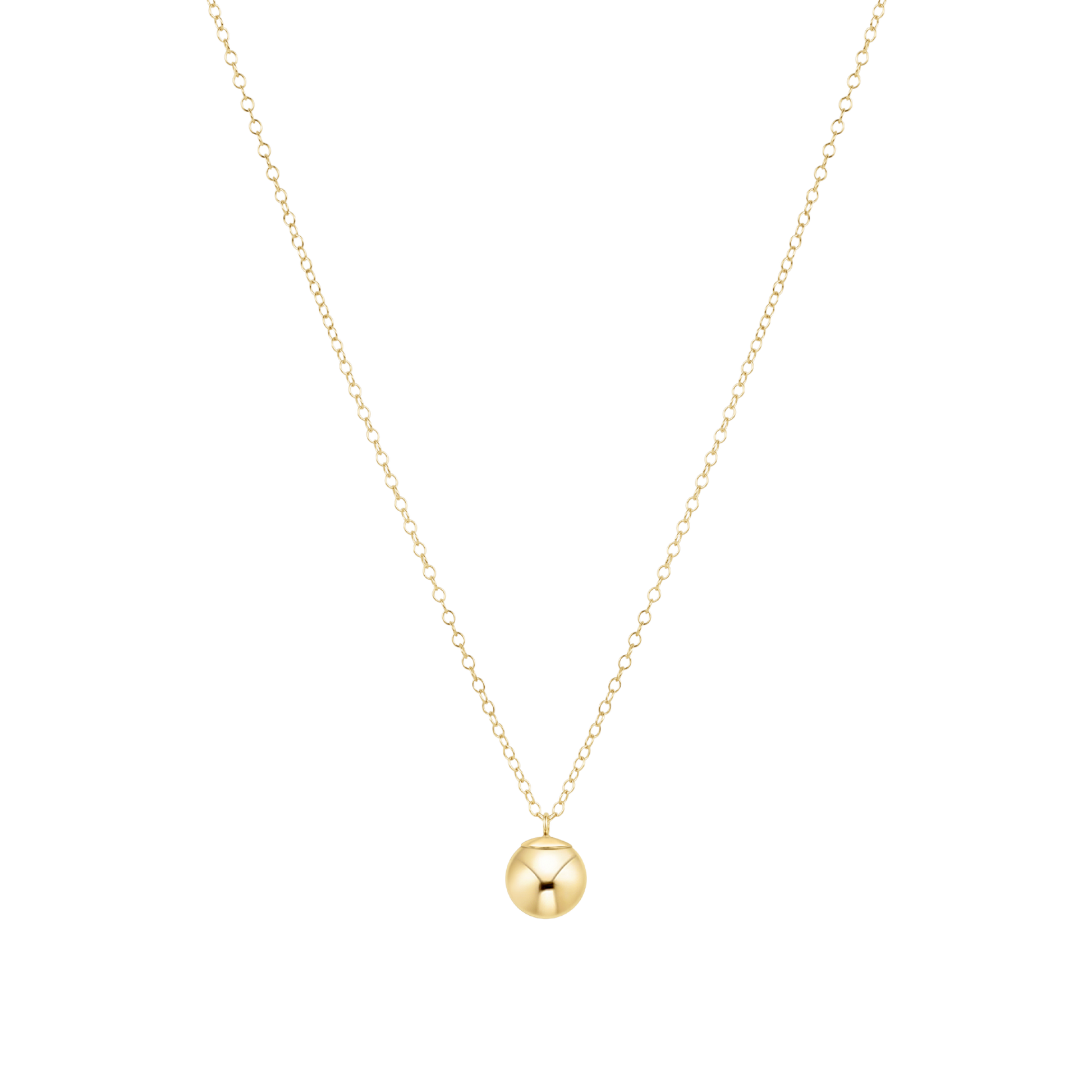 Gold necklace with a round bead pendant on a white background