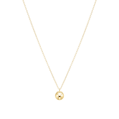Gold necklace with a round bead pendant on a white background